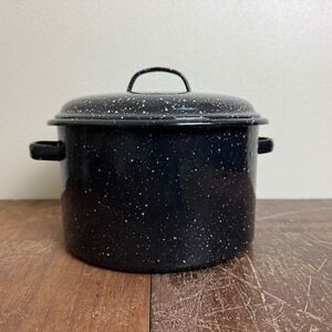 Vintage Black White Speckled Enamel Granite Ware Stock Pot with lid